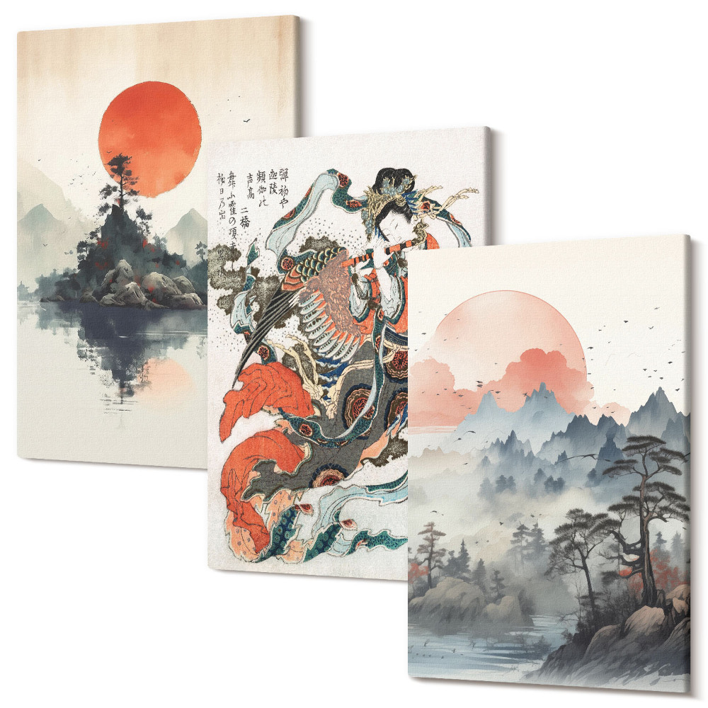 Háromrészes vászonkép szett Ázsiai tájképek és portrék Japandi stílusban