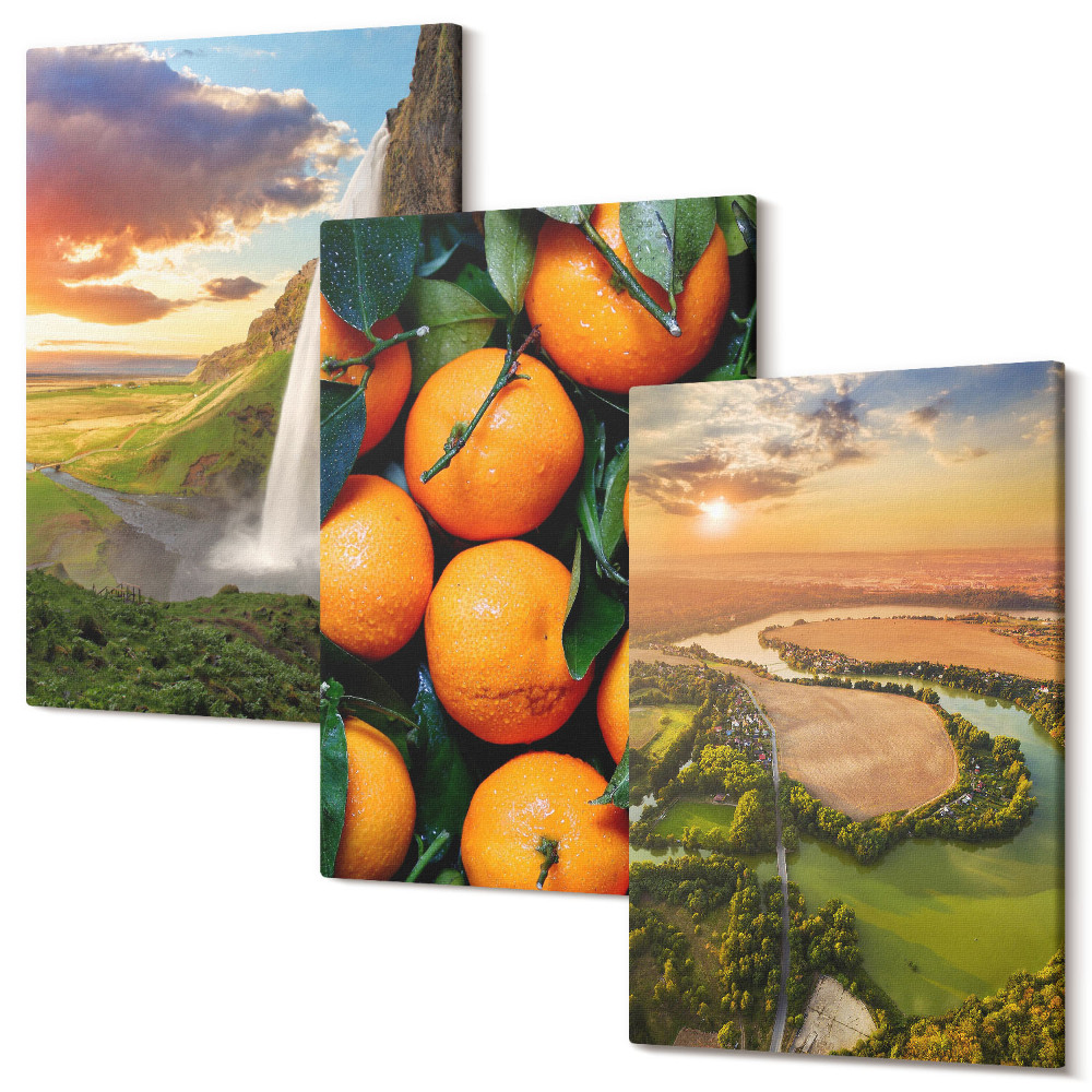 Háromrészes vászonkép szett Vízesés hegyi narancsok olasz táj naplementével