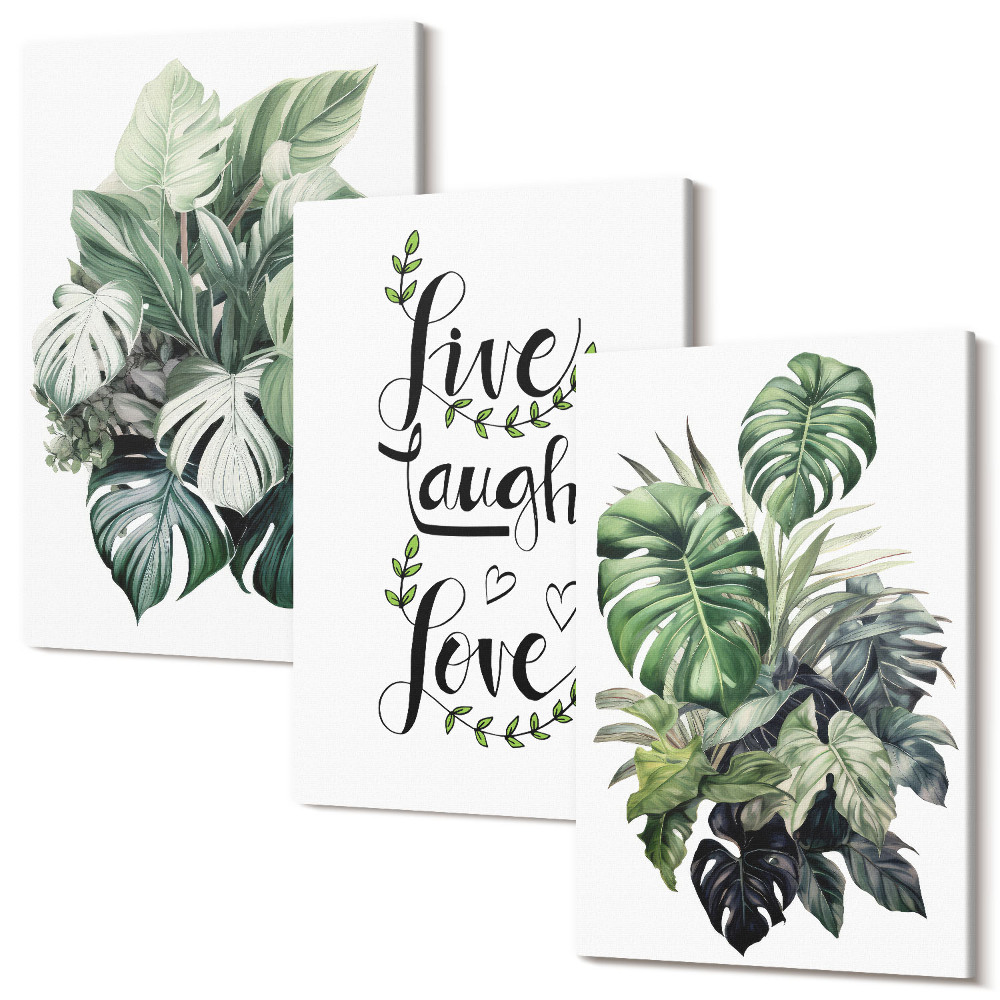 Háromrészes vászonkép szett Leveles növények élni, nevetni, szeretni szavakkal