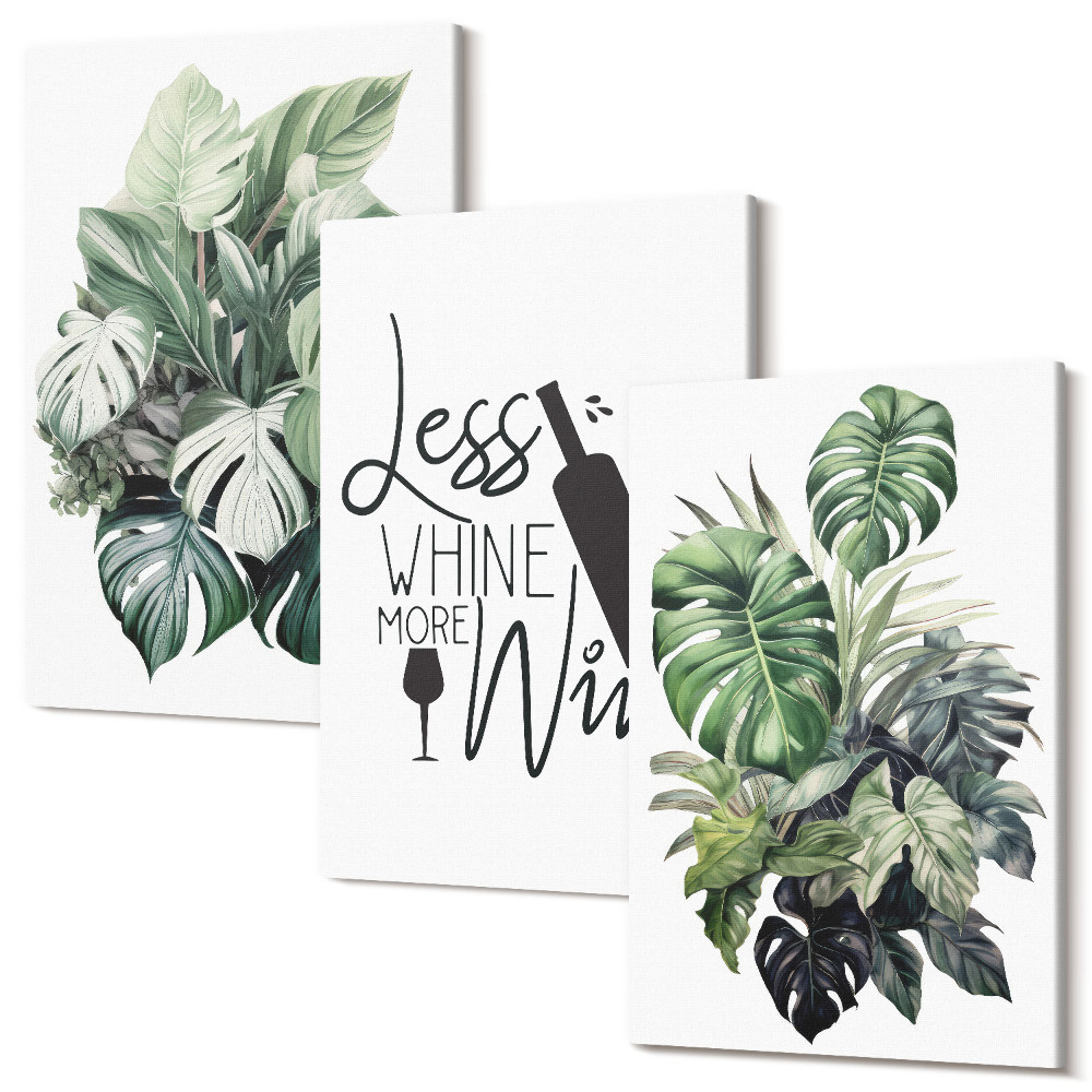 Falikép szett triptichon Növény levelei zöld árnyalatú borról felirattal