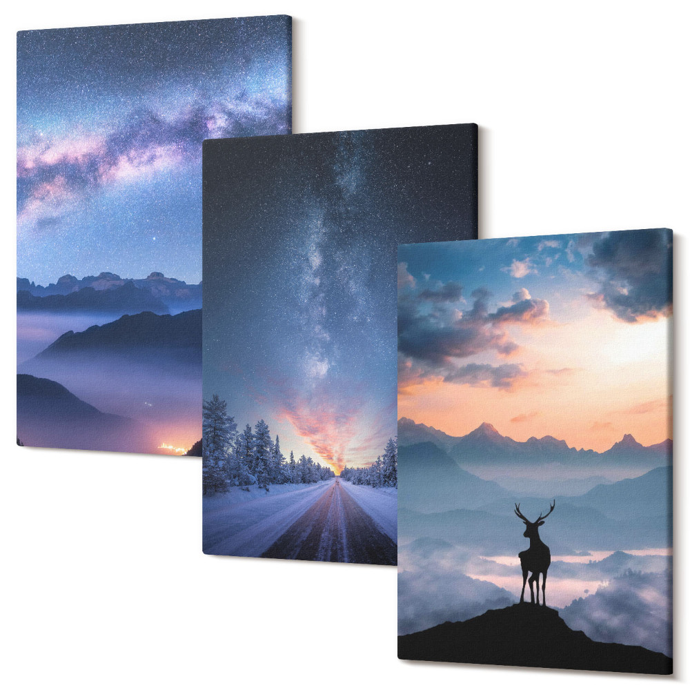 Háromrészes vászonkép szett Éjszakai égbolt, hegyek, tájak a ködben és szarvasok