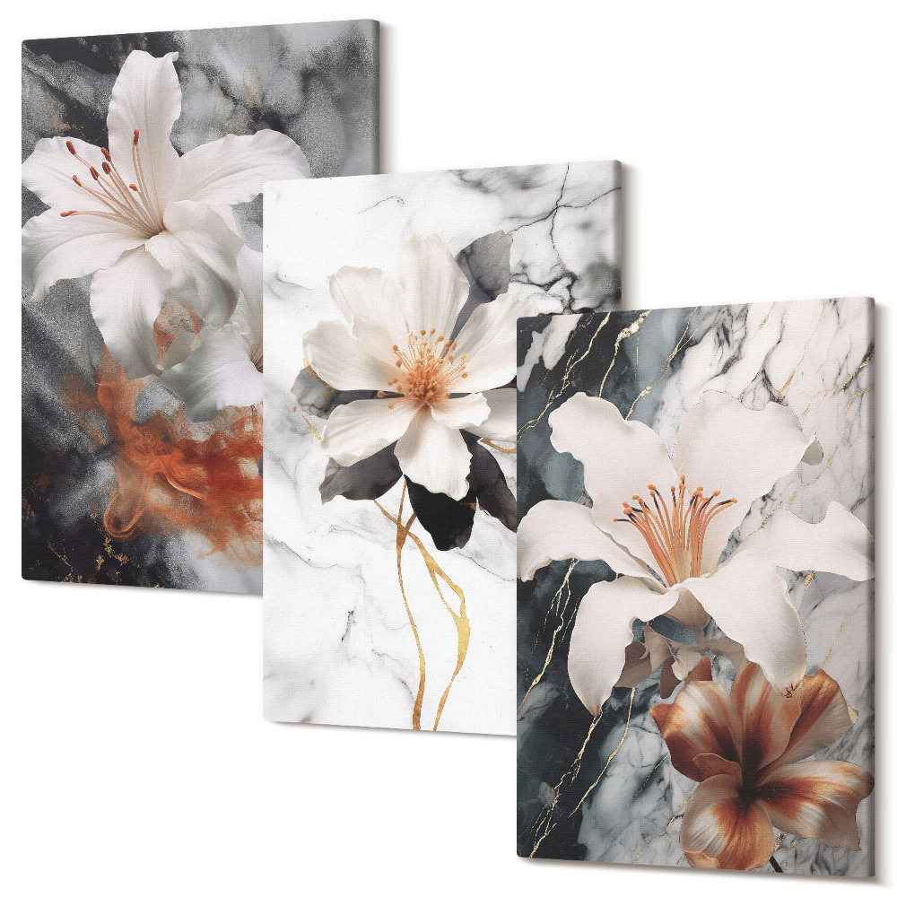 Falikép szett triptichon Virágok márvány alapon fehér és fekete árnyalatokban
