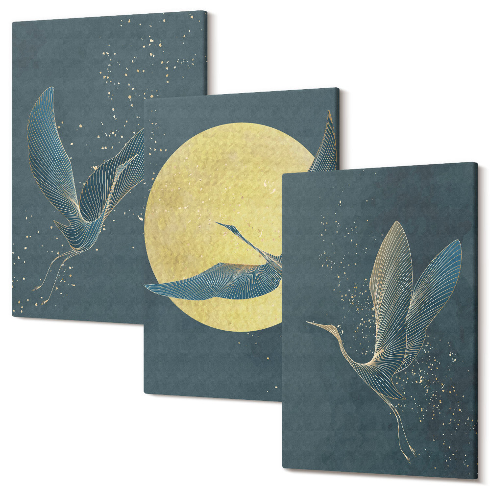 Falikép szett triptichon Darumadarak repülnek a hold és a csillagok hátterében