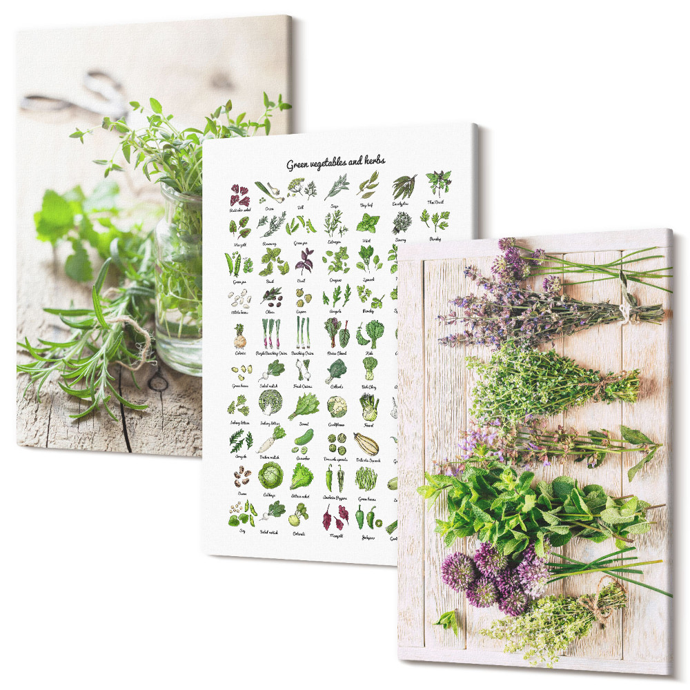Háromrészes vászonkép szett Szárított növények a konyhai gyógynövények listájához
