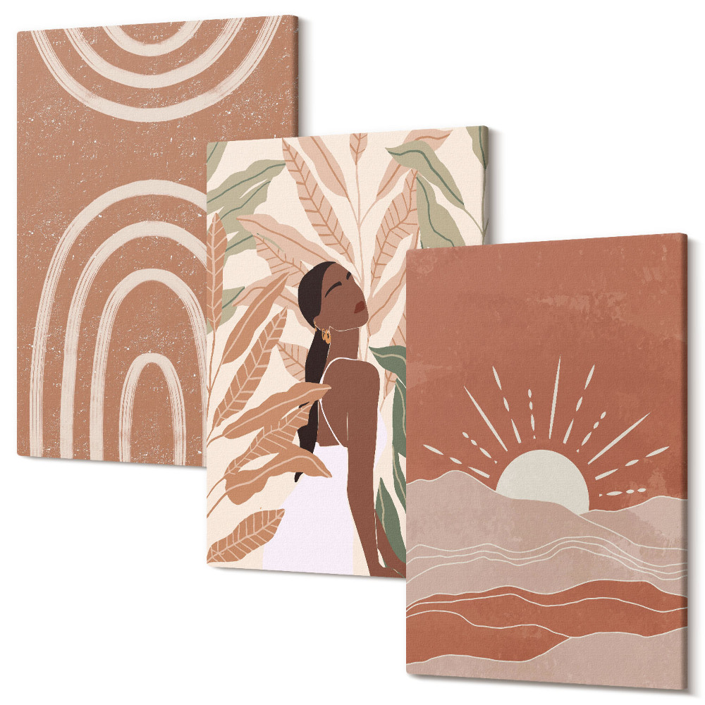 Falikép szett triptichon Boho absztrakt formák és illusztrációk