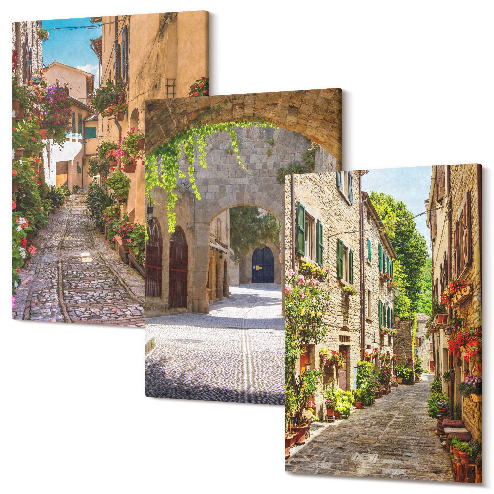 Háromrészes vászonkép szett Olasz utcák virágokkal és tájépítészetekkel