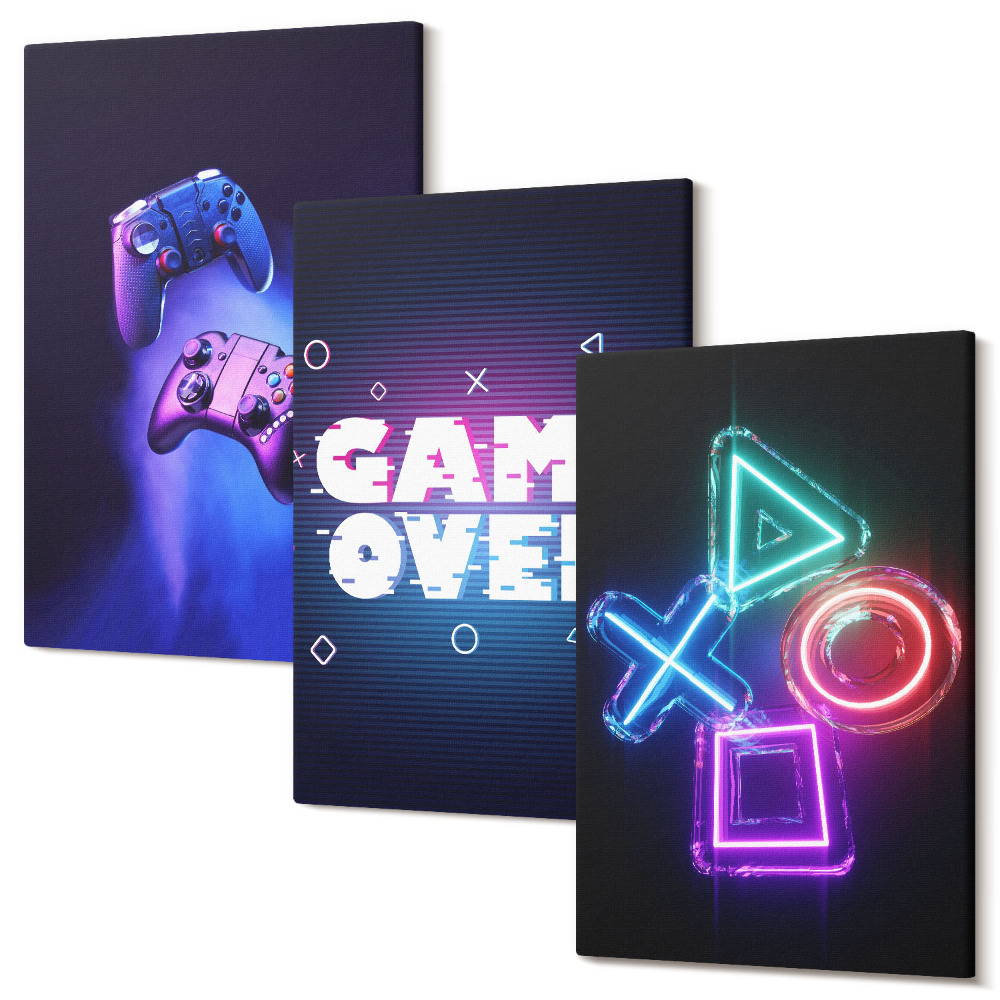 Háromrészes vászonkép szett Gamepadok Game Over ikonokkal