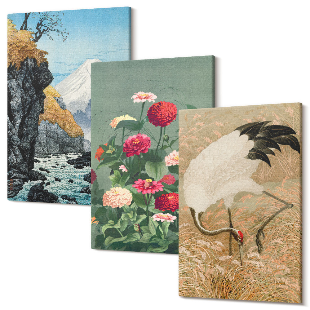 Falikép szett triptichon Hegyek a tájban, folyó, virágok és daruk a fűben