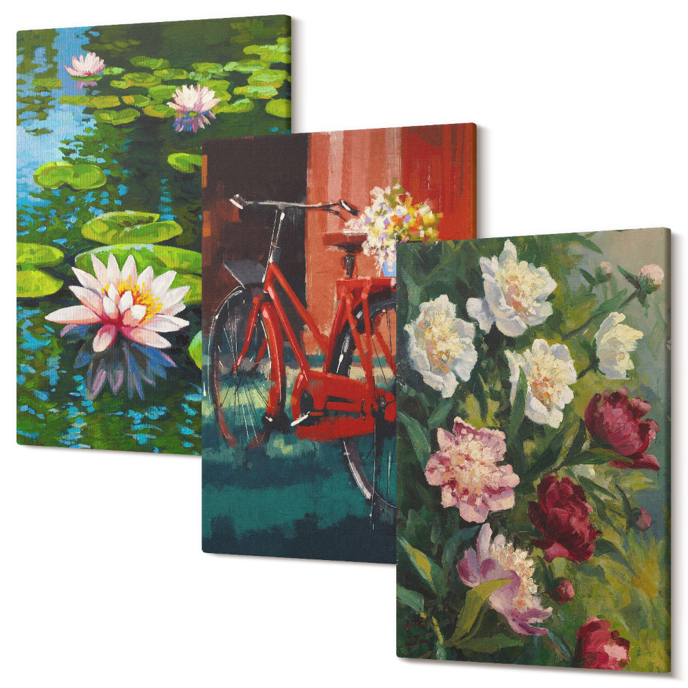 Háromrészes vászonkép szett Liliomok a vízen, bicikli a kertben, színes virágok