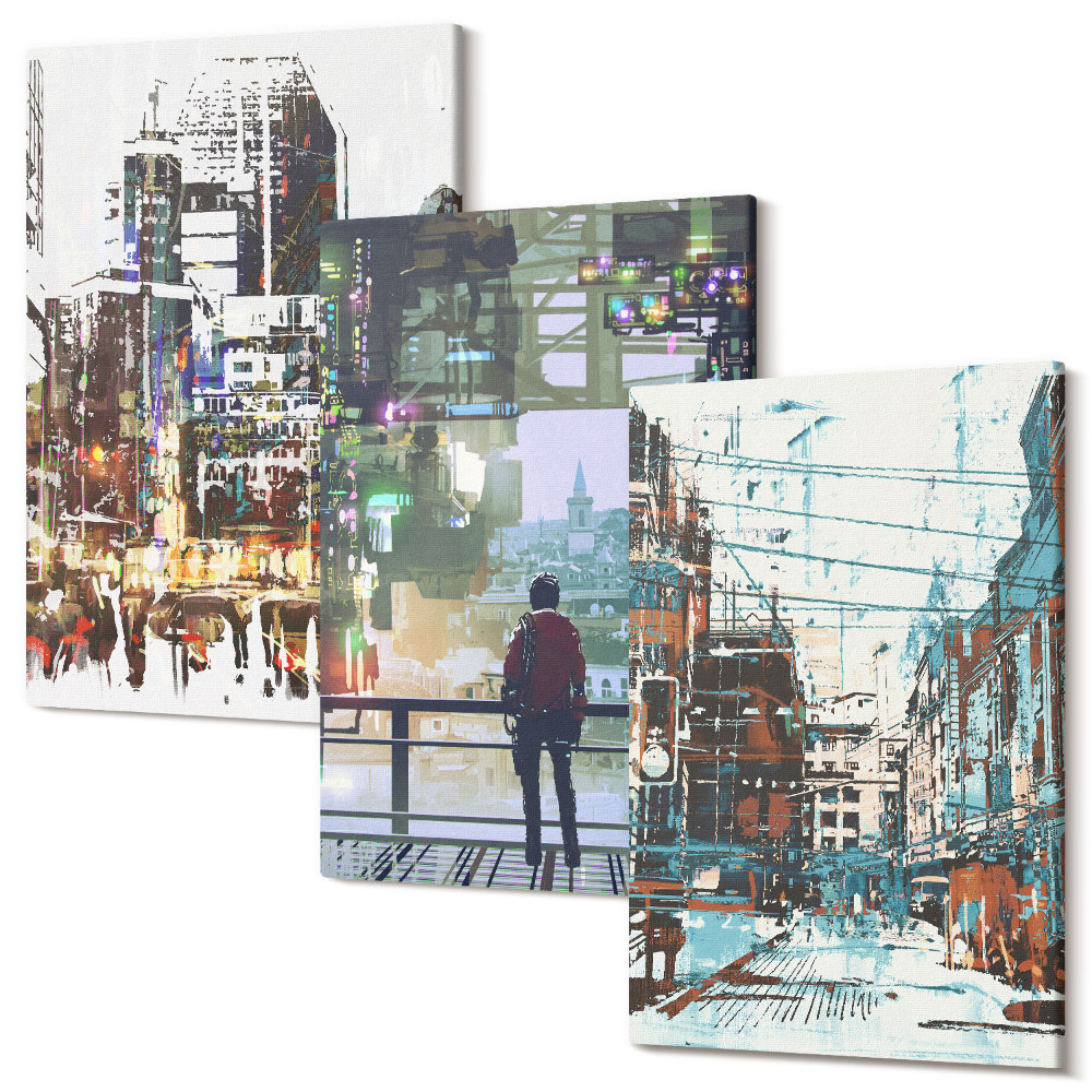 Falikép szett triptichon Modern városok színekben, figurával a háttérben