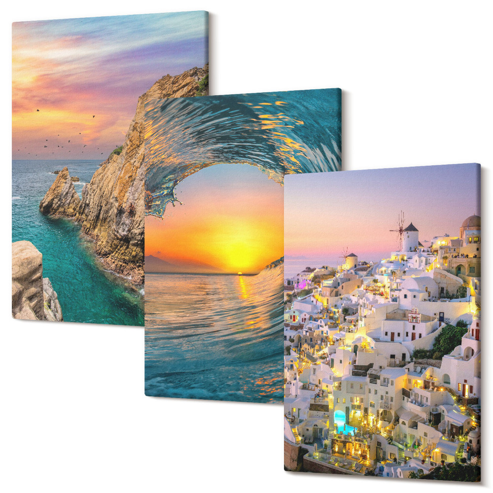 Háromrészes vászonkép szett Kilátás a tengerre, a hullámokra és a fehér házakra Santorini, Görögországban