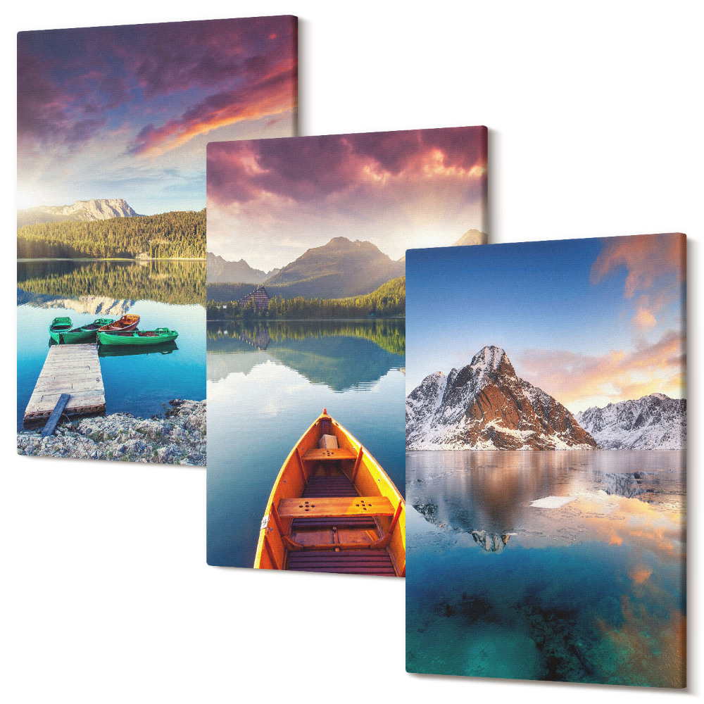 Háromrészes vászonkép szett Nyugodt tavak hegyi tájjal és csónakkal