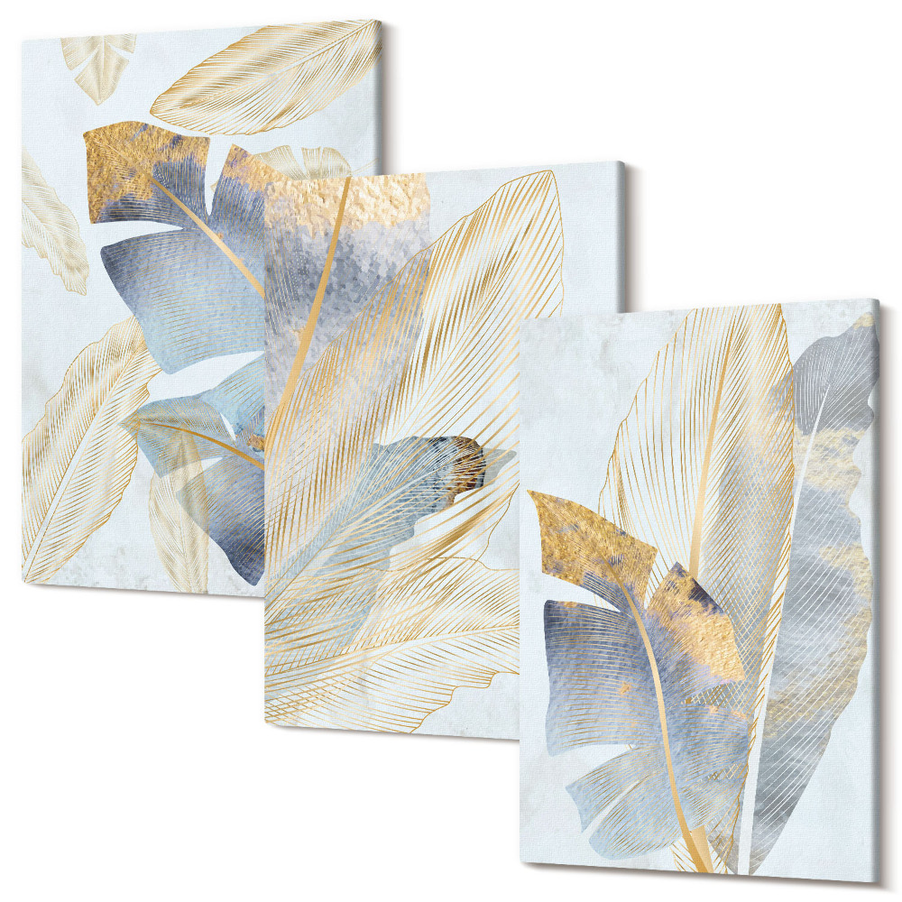 Falikép szett triptichon Kék és bézs árnyalatú levelek világos alapon