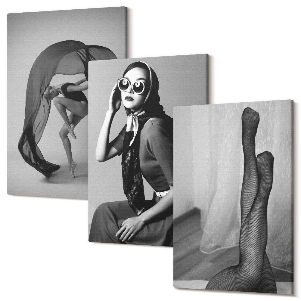 Háromrészes vászonkép szett Stílusos fekete-fehér portrék nőkről elegáns pózokban