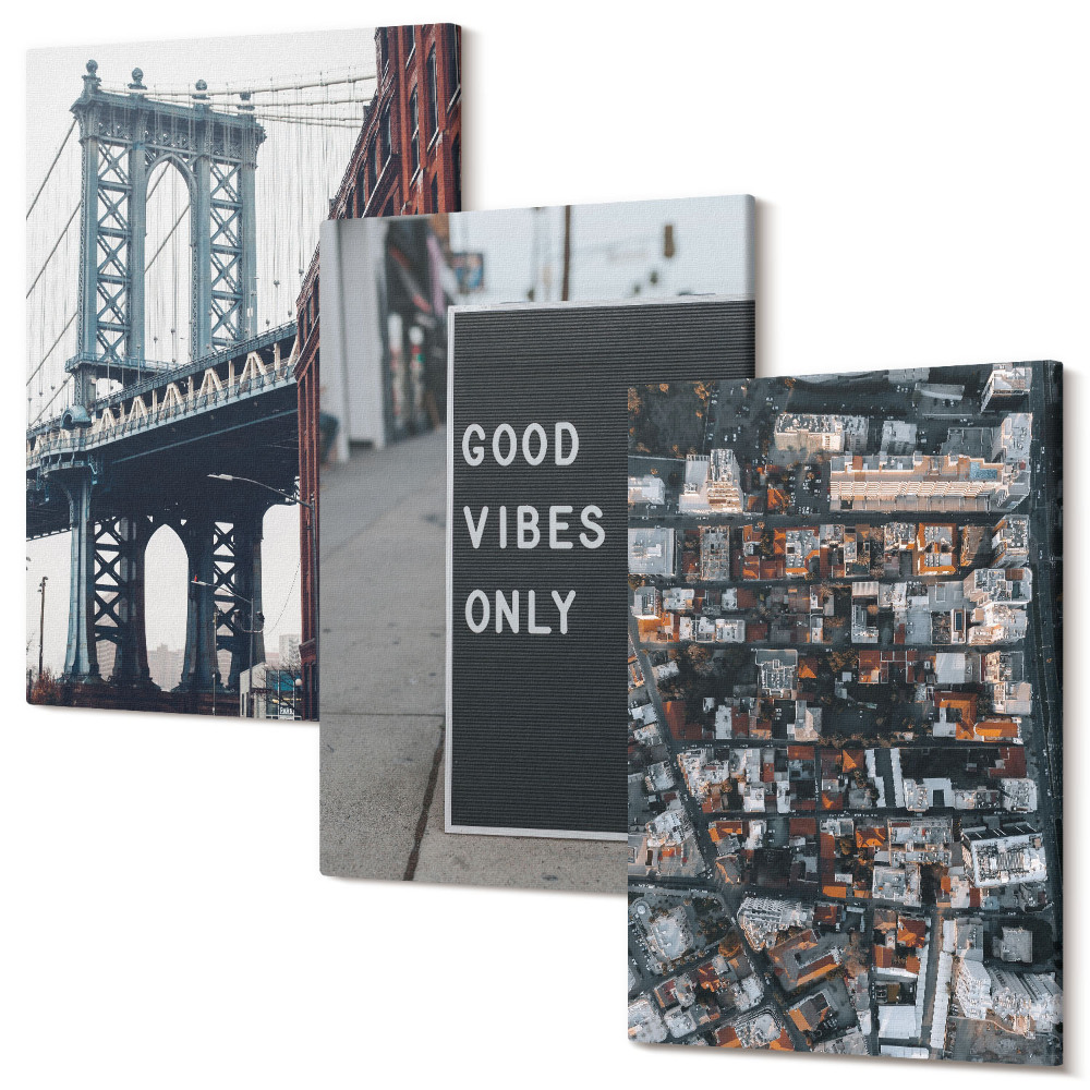 Kép szett triptichon Híd a városban utcai táblákkal, légi felvétel