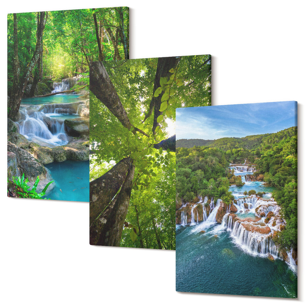 Kép szett triptichon Vízesések egy zöld erdőben, kristálytiszta vízzel