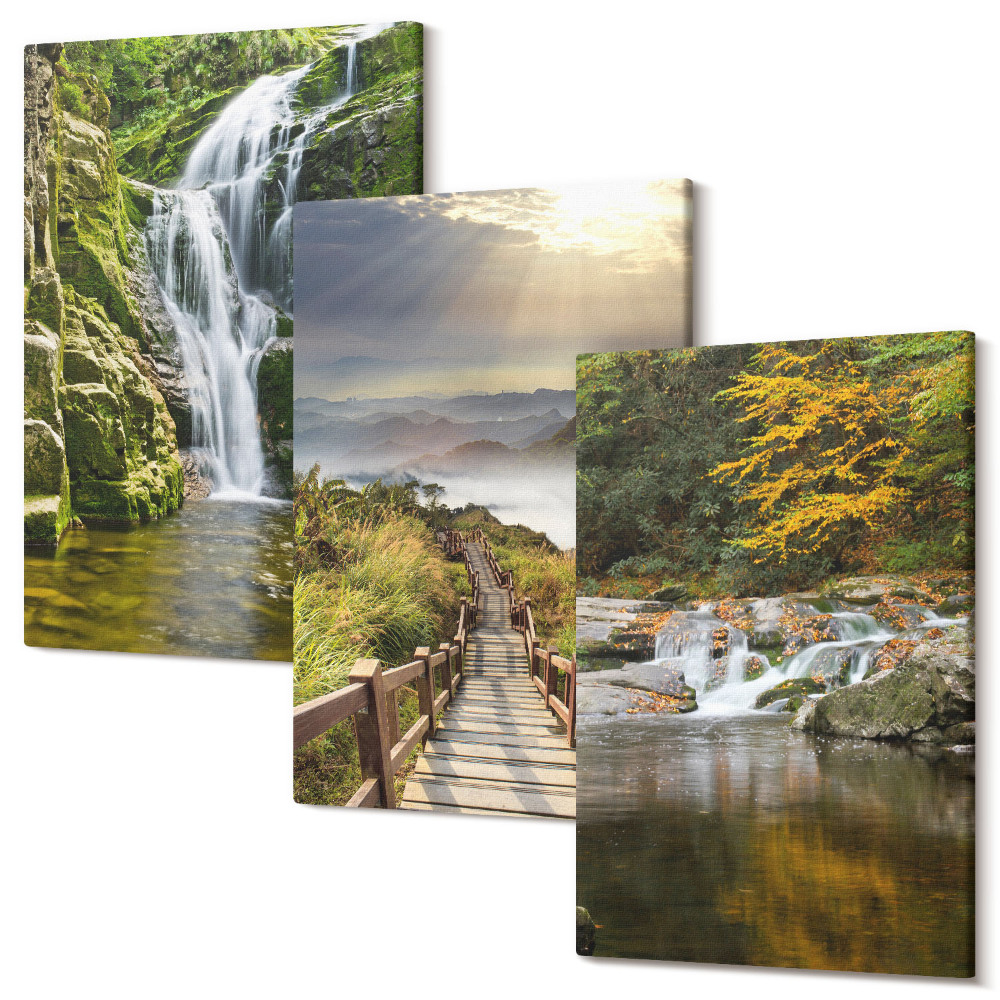 Háromrészes vászonkép szett Vízesések, hegyek, felhőutak és őszi kilátás