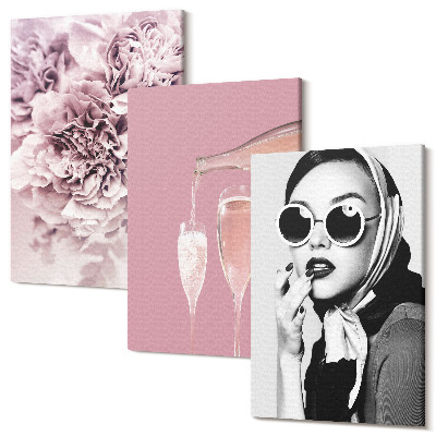 Falikép szett triptichon Rózsaszín árnyalatú virágok és elegáns nő