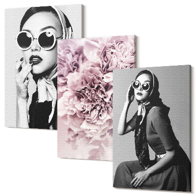 Kép szett triptichon Stílusos női portrék rózsaszín virágokkal
