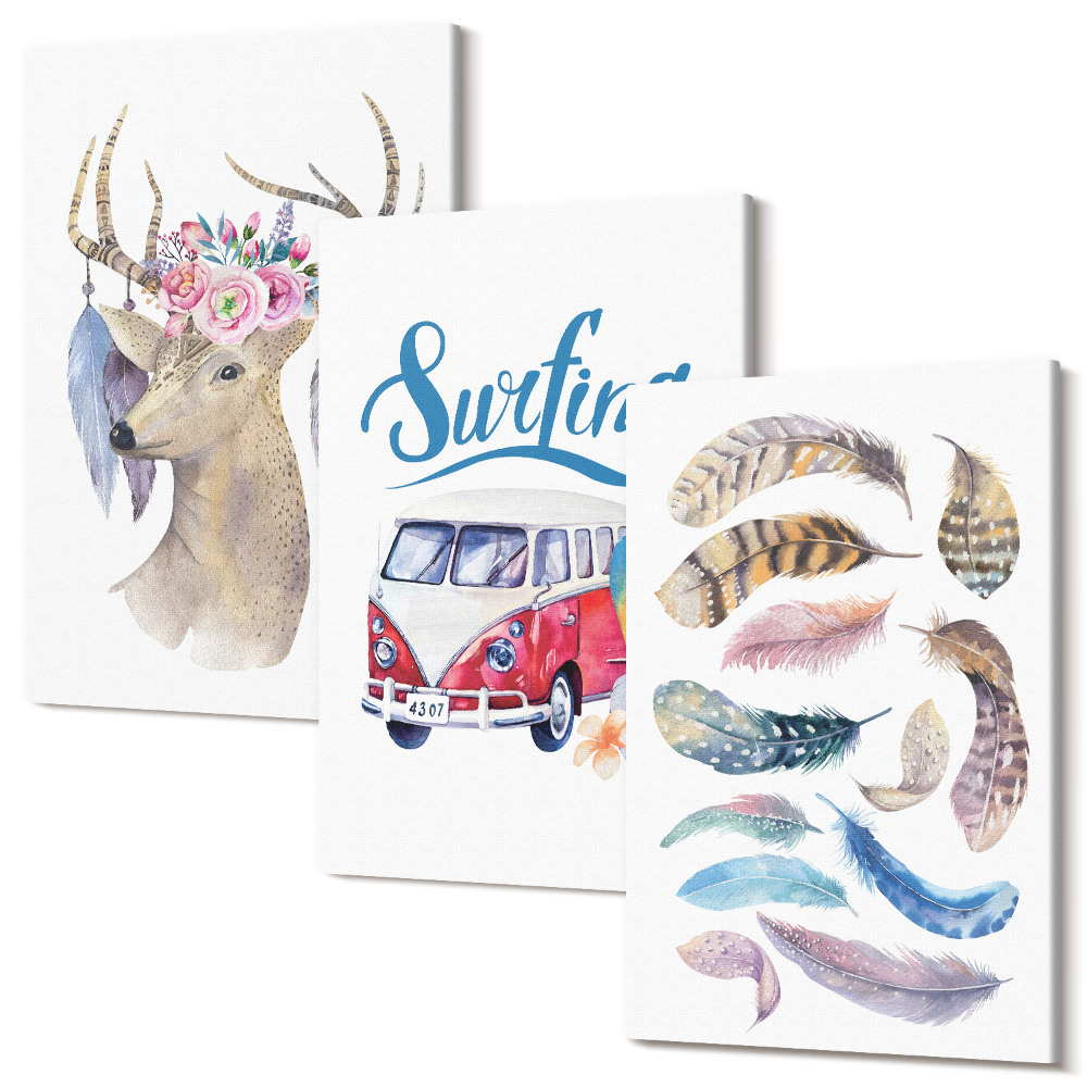 Háromrészes vászonkép szett Agancsos szarvas virágokkal üdülési furgon tollakkal