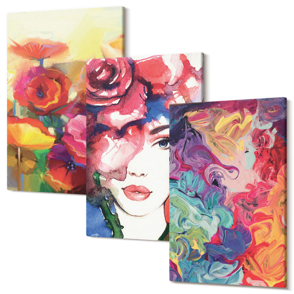 Háromrészes vászonkép szett Virágok intenzív színekben, női portré, absztrakt