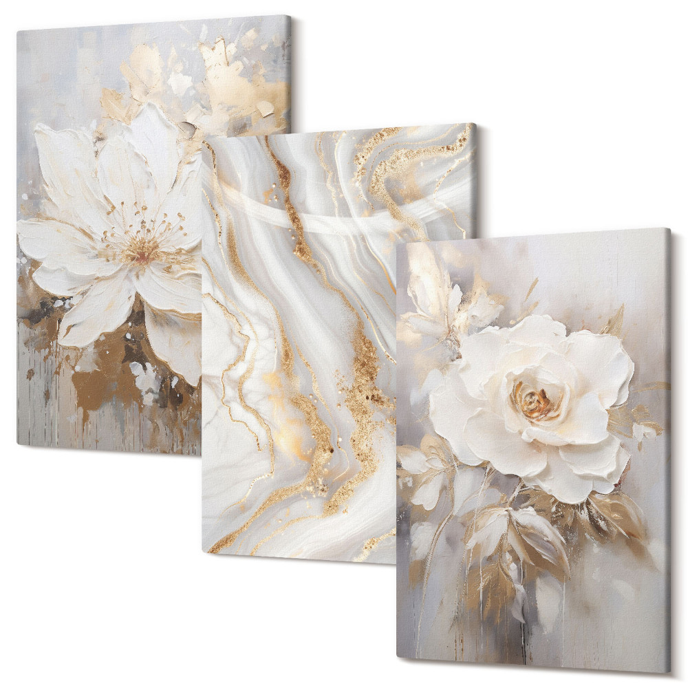 Falikép szett triptichon Virágok és absztrakt márvány minta