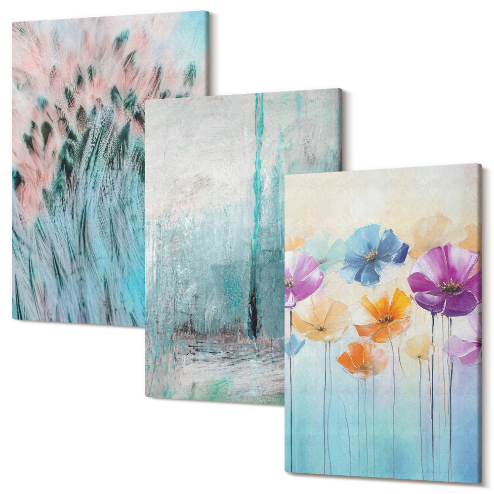 Falikép szett triptichon Virágok a pasztell színek és finom minták hátterében