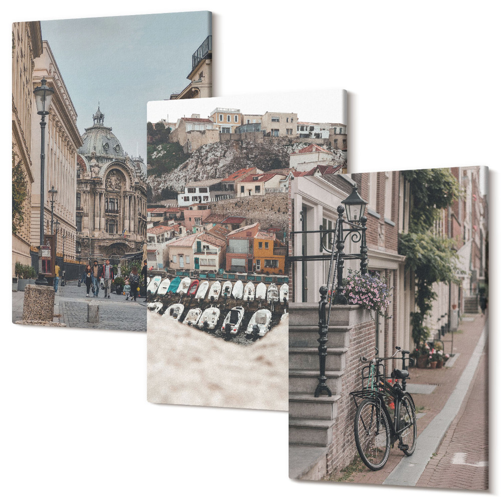 Falikép szett triptichon Bájos városi utcák, kilátással a kikötőre és az épületekre