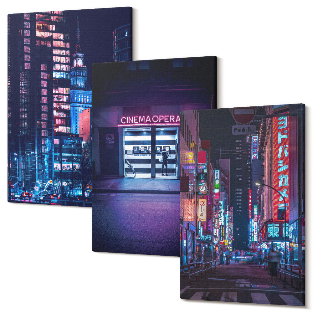 Kép szett triptichon Éjszakai város neonfényekkel és mozi bejárattal