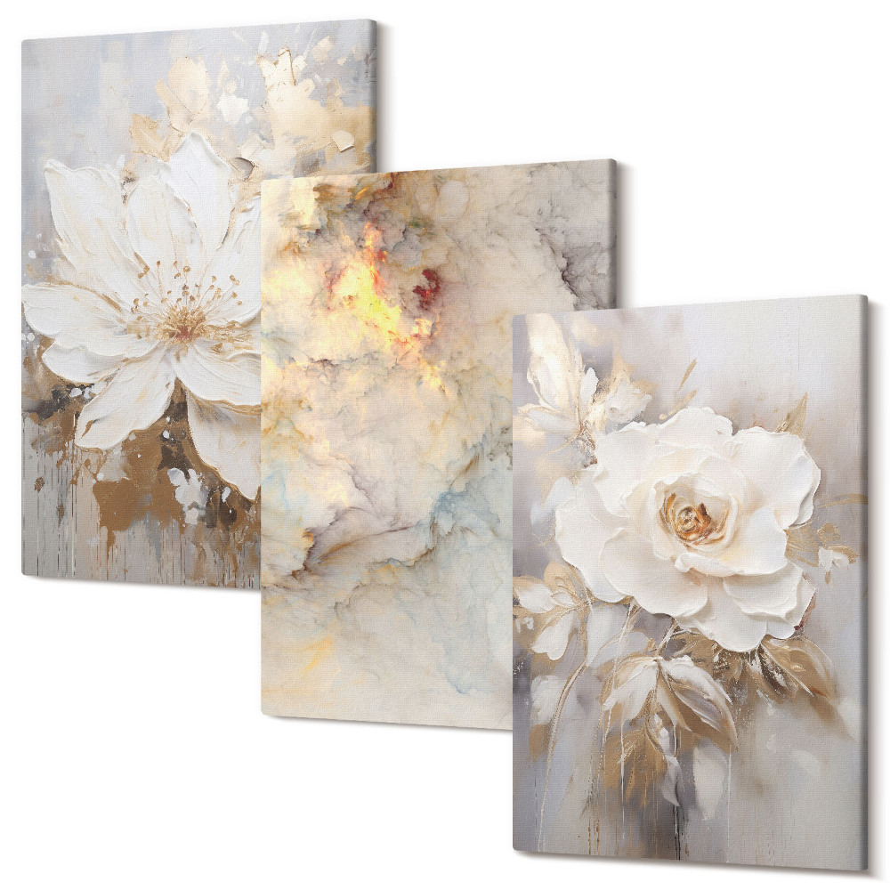 Háromrészes vászonkép szett Virágok világos háttéren absztrakt mintákkal