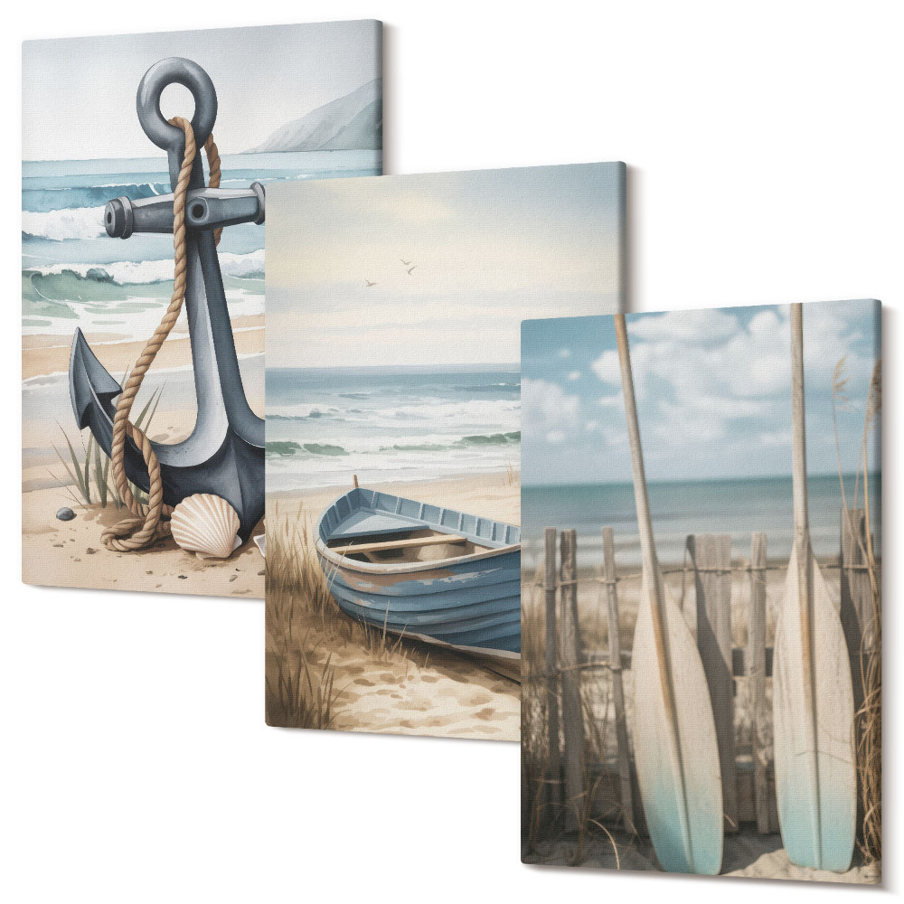 Háromrészes vászonkép szett Csónakhorgony és evezők a tengerparton a tengerrel