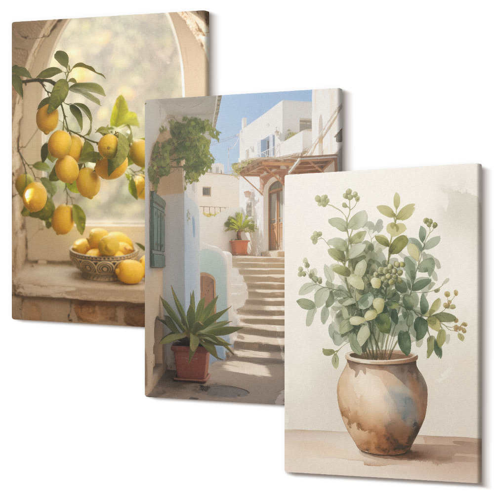 Falikép szett triptichon Citrom egy vázában és növények fehér építészetben