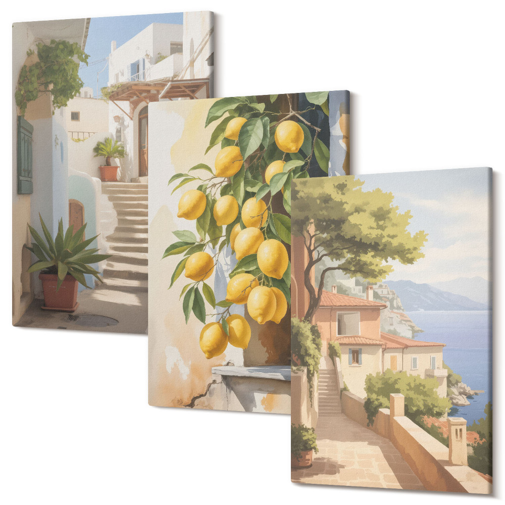 Háromrészes vászonkép szett Bájos utcák citrommal és tengerre néző kilátással