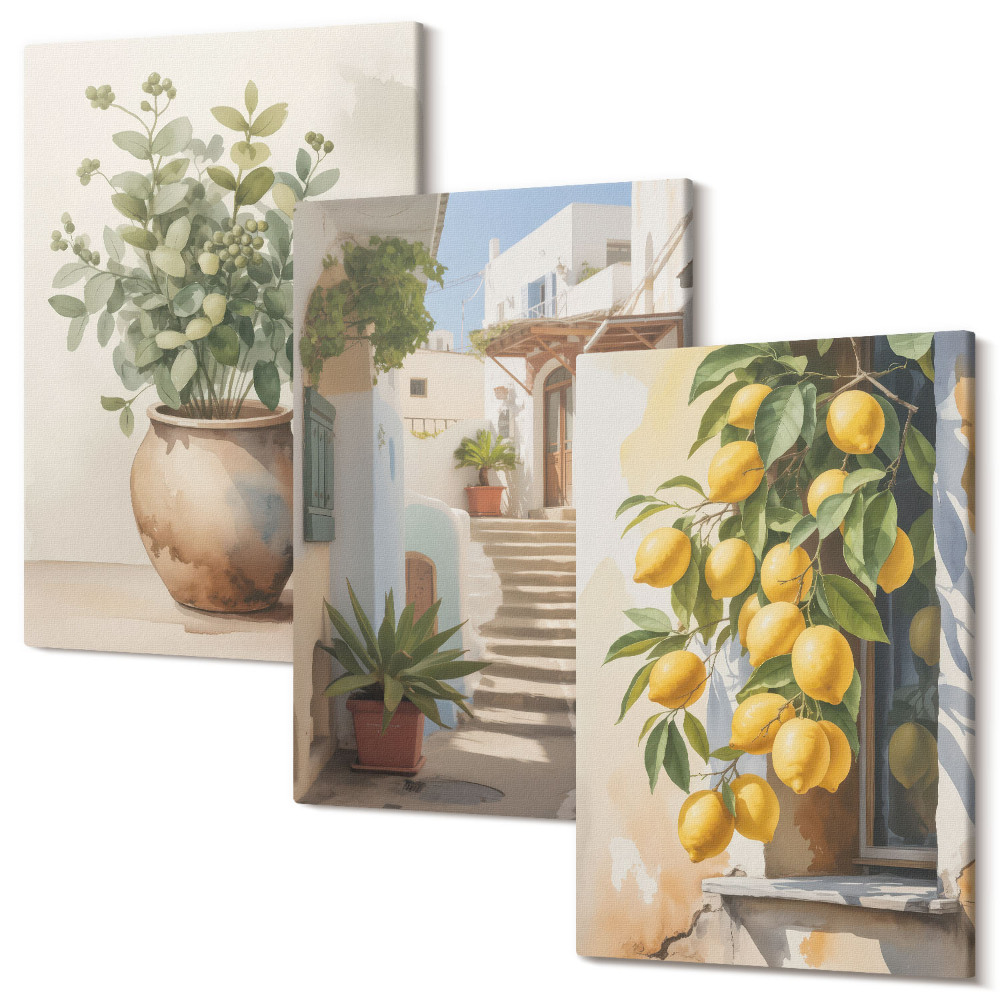 Falikép szett triptichon Cserepes növények és citromok egy utca hátterében