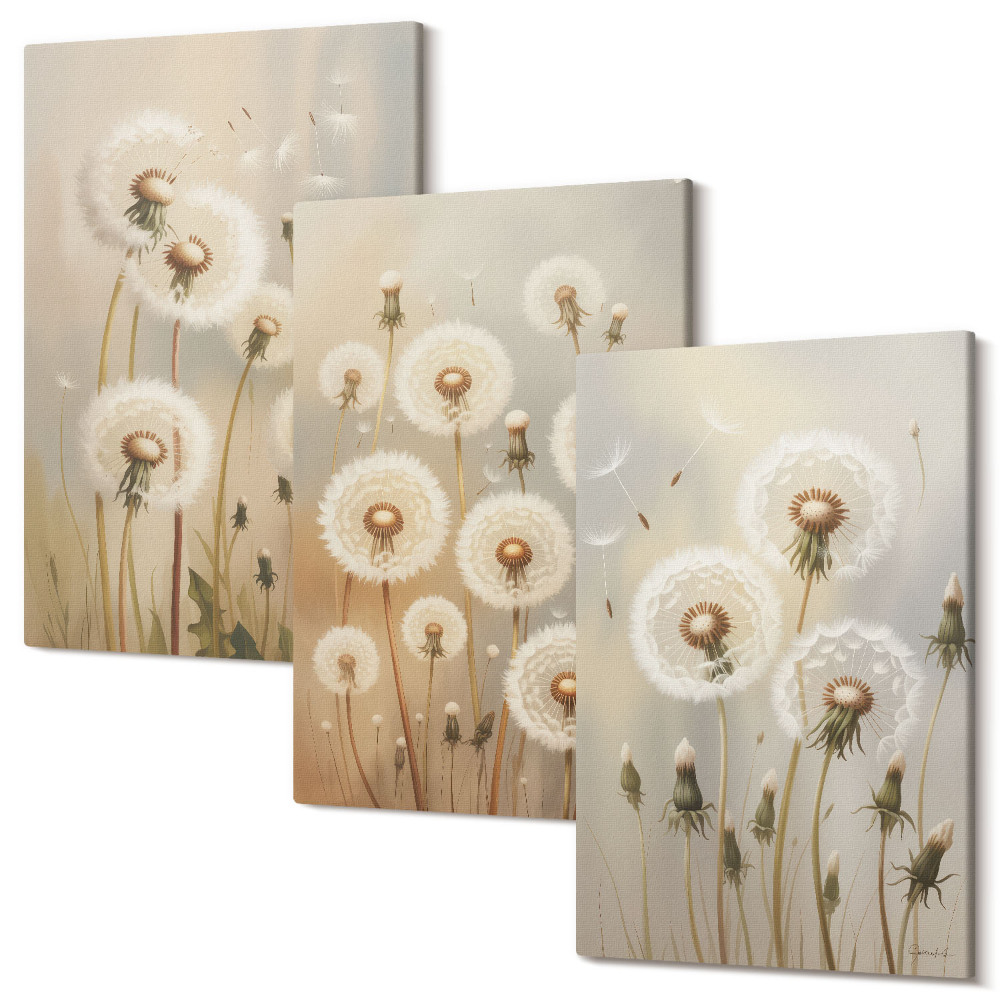 Falikép szett triptichon Fehér pitypang élénk színek hátterében