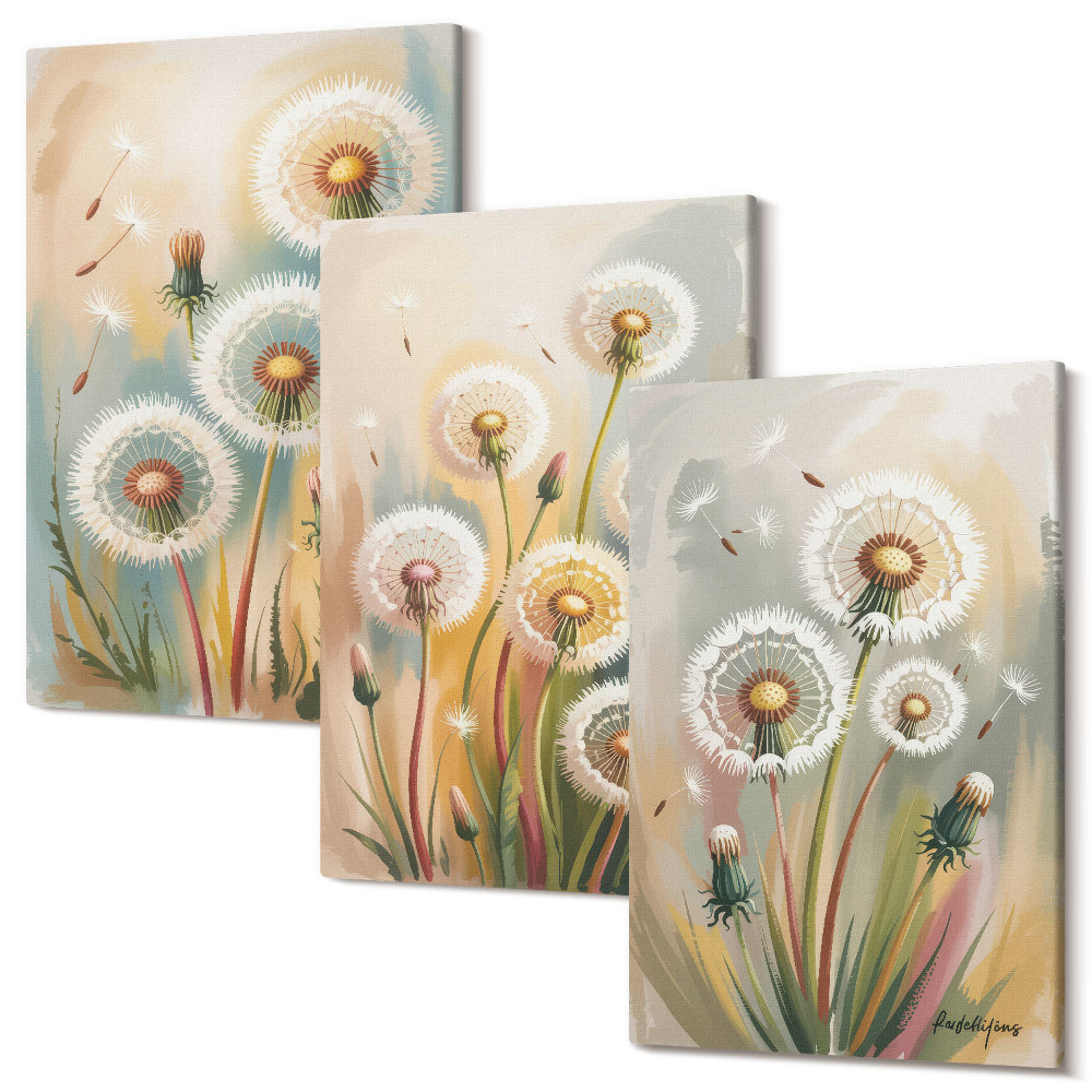 Háromrészes vászonkép szett Pitypang virágok pasztell füvek hátterében