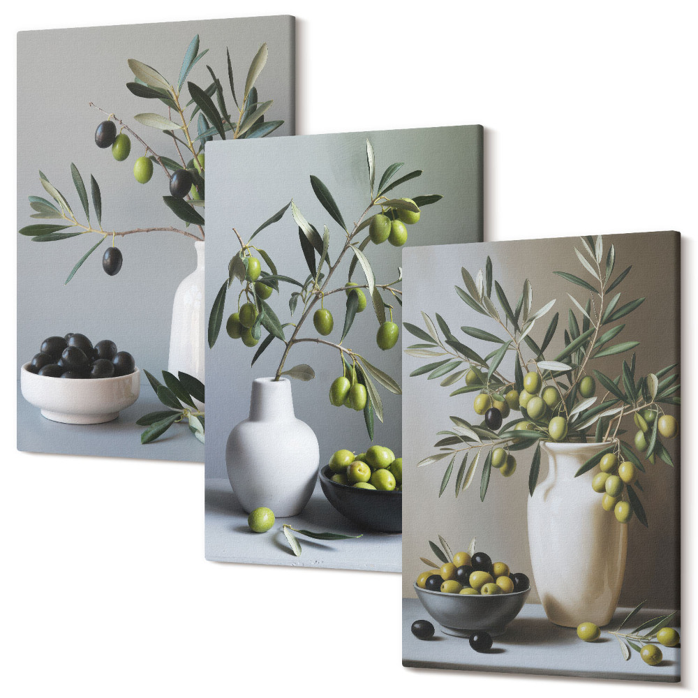 Falikép szett triptichon Olajbogyó vázákban a háttérben a tompa színek