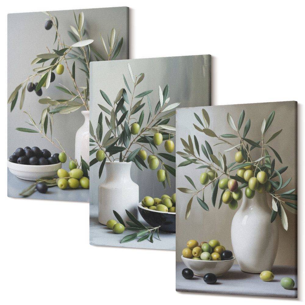 Kép szett triptichon Olajbogyó vázákban, szürke alapon ágakkal