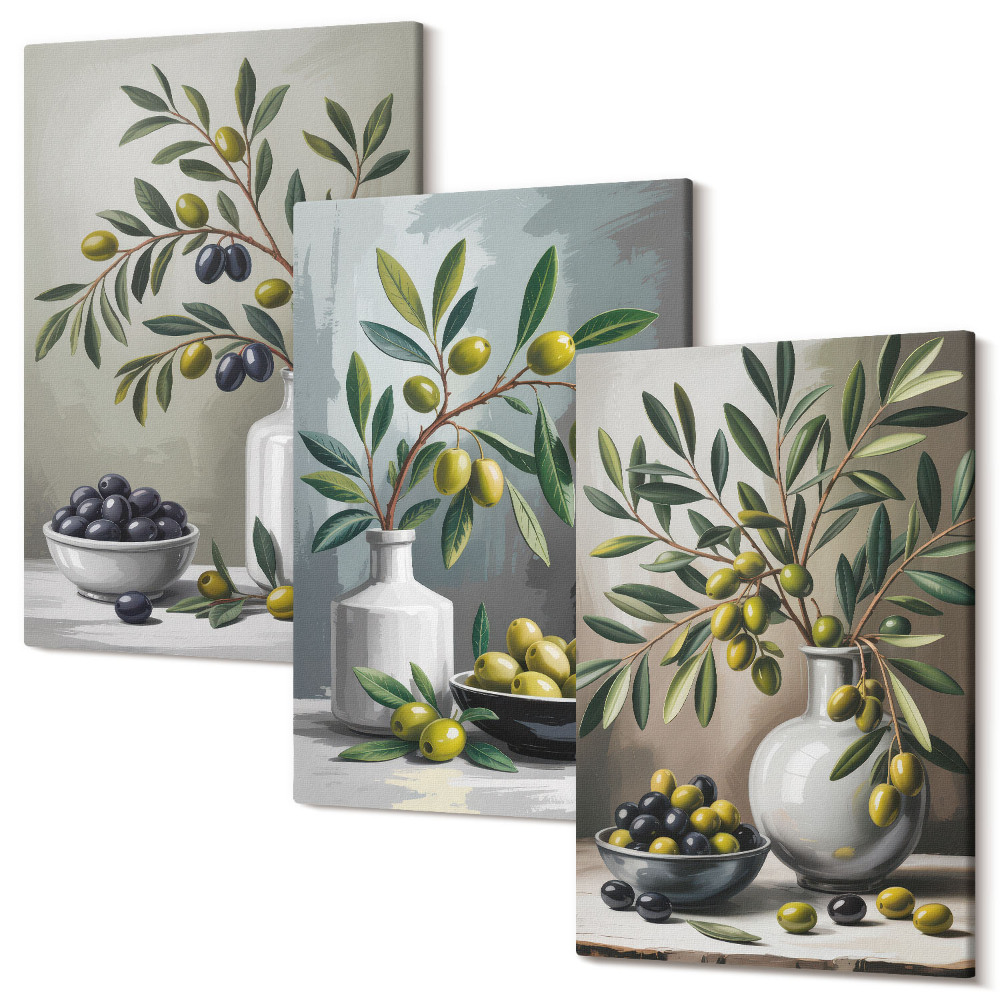 Háromrészes vászonkép szett Olajbogyó kerámia edényekben szürke alapon