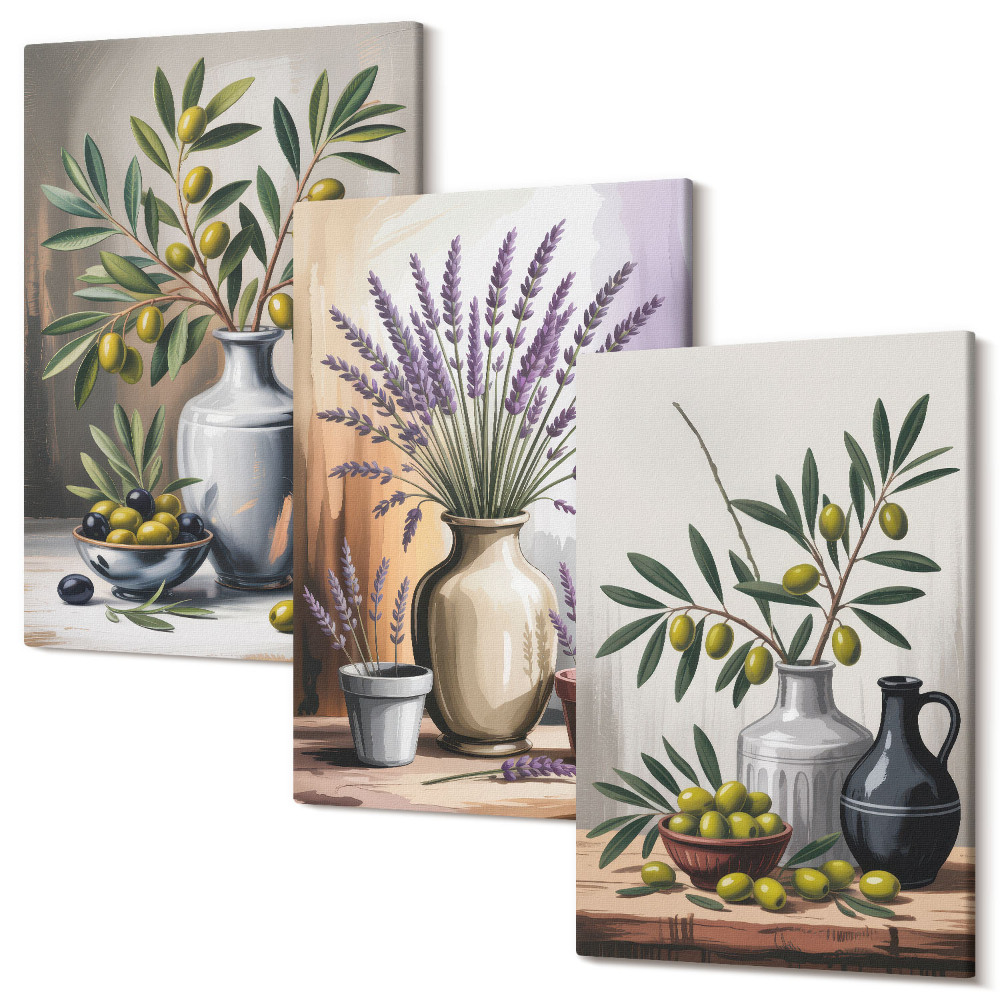 Falikép szett triptichon Virágok és olajbogyó vázákban, világos háttéren