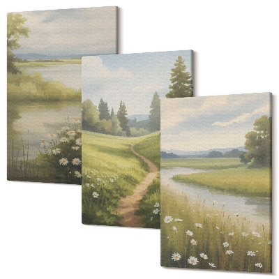 Kép szett triptichon Tavaszi táj folyóval, úttal és virágos réttel