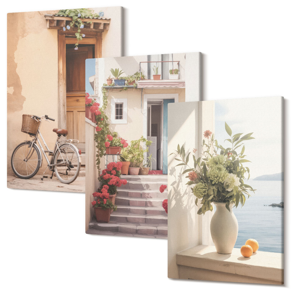 Háromrészes vászonkép szett Bájos tengerparti utcák virágokkal és kerékpárokkal