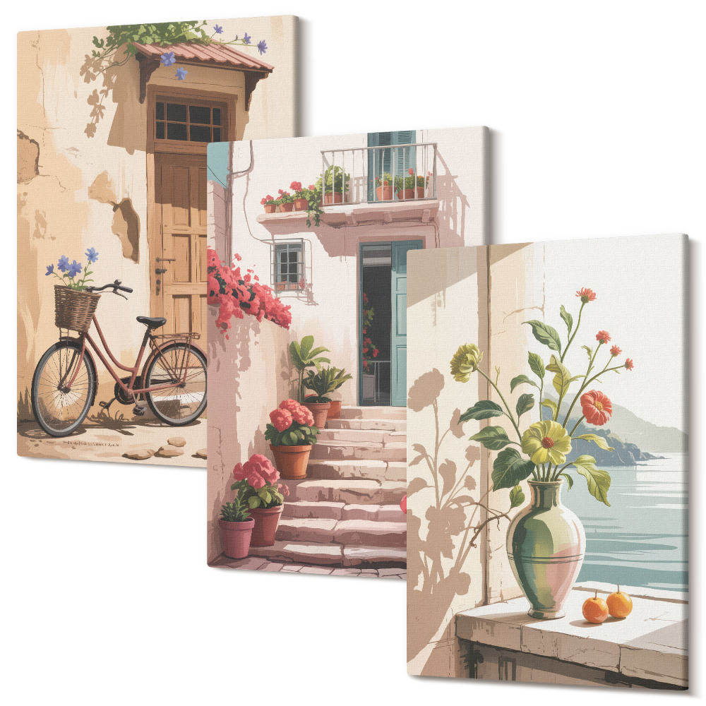 Falikép szett triptichon Virágokkal és kerékpárral festett utcák