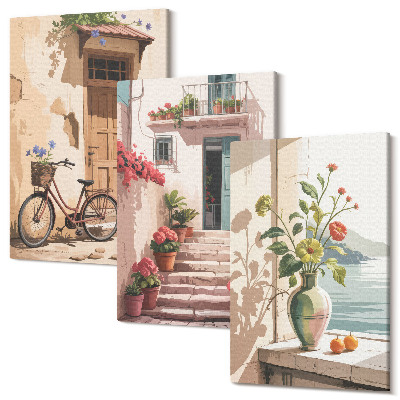 Falikép szett triptichon Virágokkal és kerékpárral festett utcák