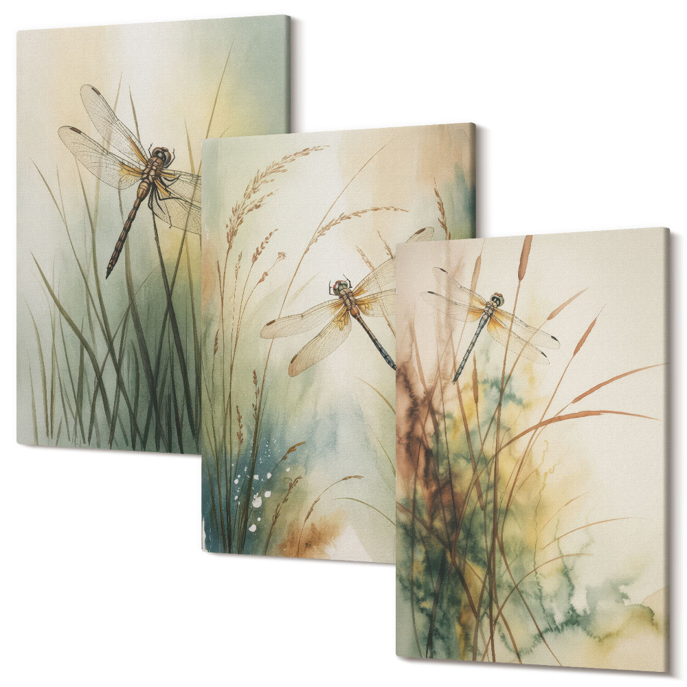 Háromrészes vászonkép szett Festett füvek szitakötőkkel a víz felett