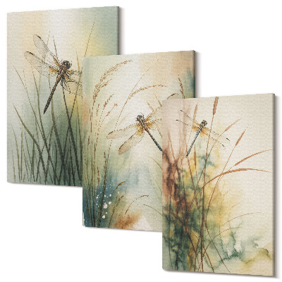 Háromrészes vászonkép szett Festett füvek szitakötőkkel a víz felett