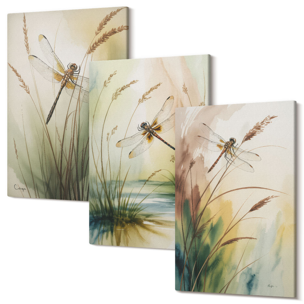 Falikép szett triptichon Szitakötők a víz melletti fű között festői stílusban