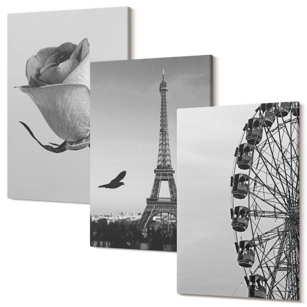 Háromrészes vászonkép szett Rózsa Eiffel-torony és óriáskerék fekete-fehérben