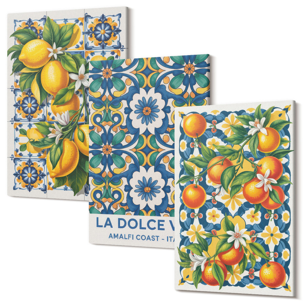 Háromrészes vászonkép szett Citrus és színes absztrakt minták poszterek