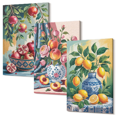 Háromrészes vászonkép szett Festett virágok és gyümölcsök vázákban